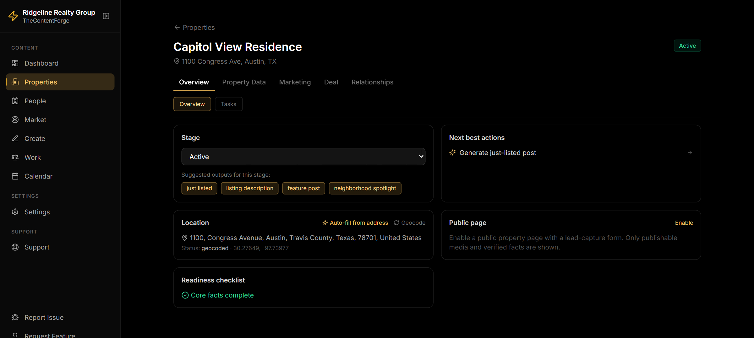 Property workspace overview for a listing, showing stage, suggested outputs, location, readiness checklist, and next best actions