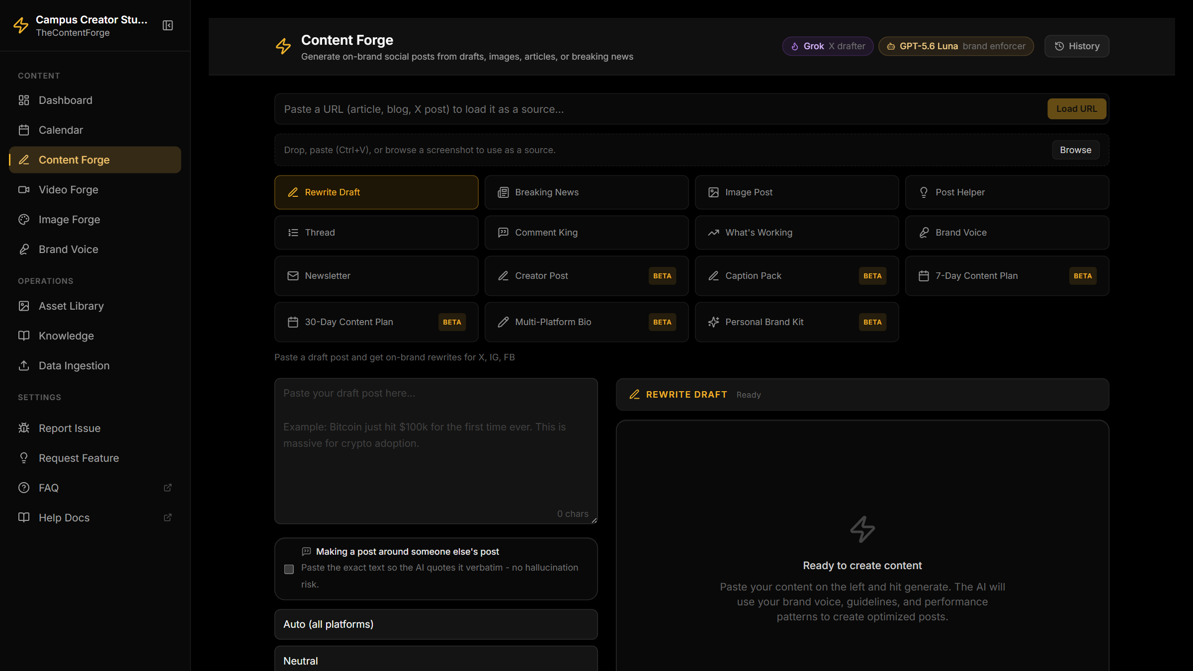 Content Forge in a student workspace with creator modes including Creator Post, Caption Pack, content plans, and Personal Brand Kit