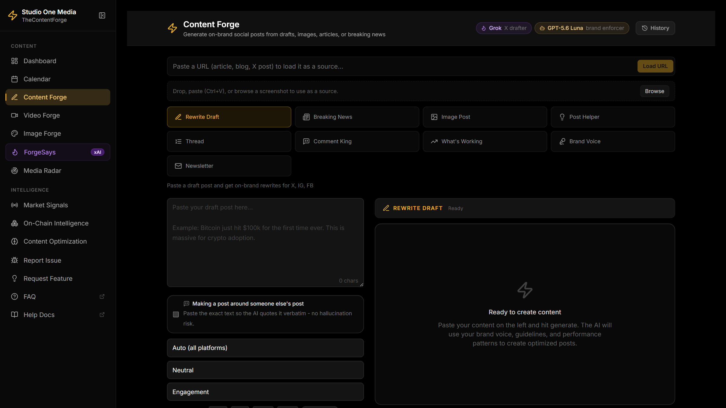 Content Forge generation modes including rewrite draft, breaking news, image post, thread, and newsletter
