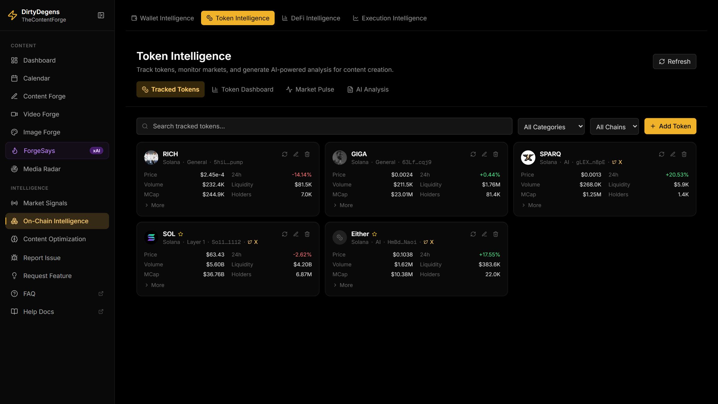 Token Intelligence tracking Solana tokens with live price, volume, liquidity, and holder counts